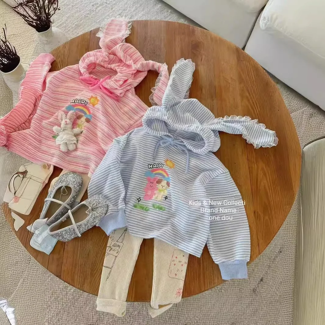 

Girls Hooded Sweatirt Set Long Sve Striped Sweet Rabbit Ear Design Cotton Faion Ensemble Autumn 2024 New Arrival