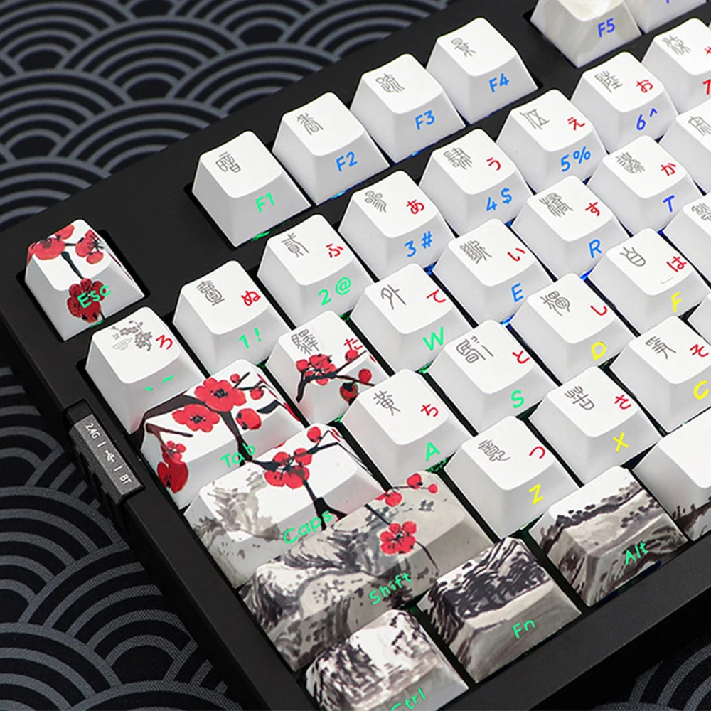 PBT Keycaps Dye Sublimation Side Backlit English Korean Russian Japanese Keycap Mechanical Keyboard Plum Blossom Flower Keycaps