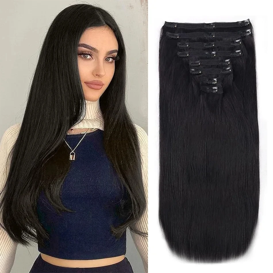 Extensiones naturales de cabello humano Real con Clip recto para mujeres negras, extensión de cabello brasileño de cabeza completa