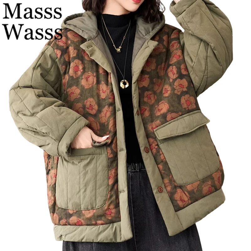

Masss Wasss Winter Casual Thicken Paraks Womens Fashion Vintage Warm Hooded Coats Ladies Flower Cotton Classic Padded Jeackets