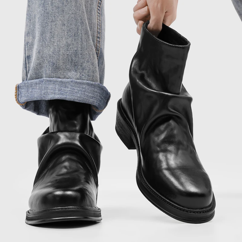 Retro Pleated Men Fashionable High Top Short Boots Height Increasing Anti Slip To Create Personalized Fashion