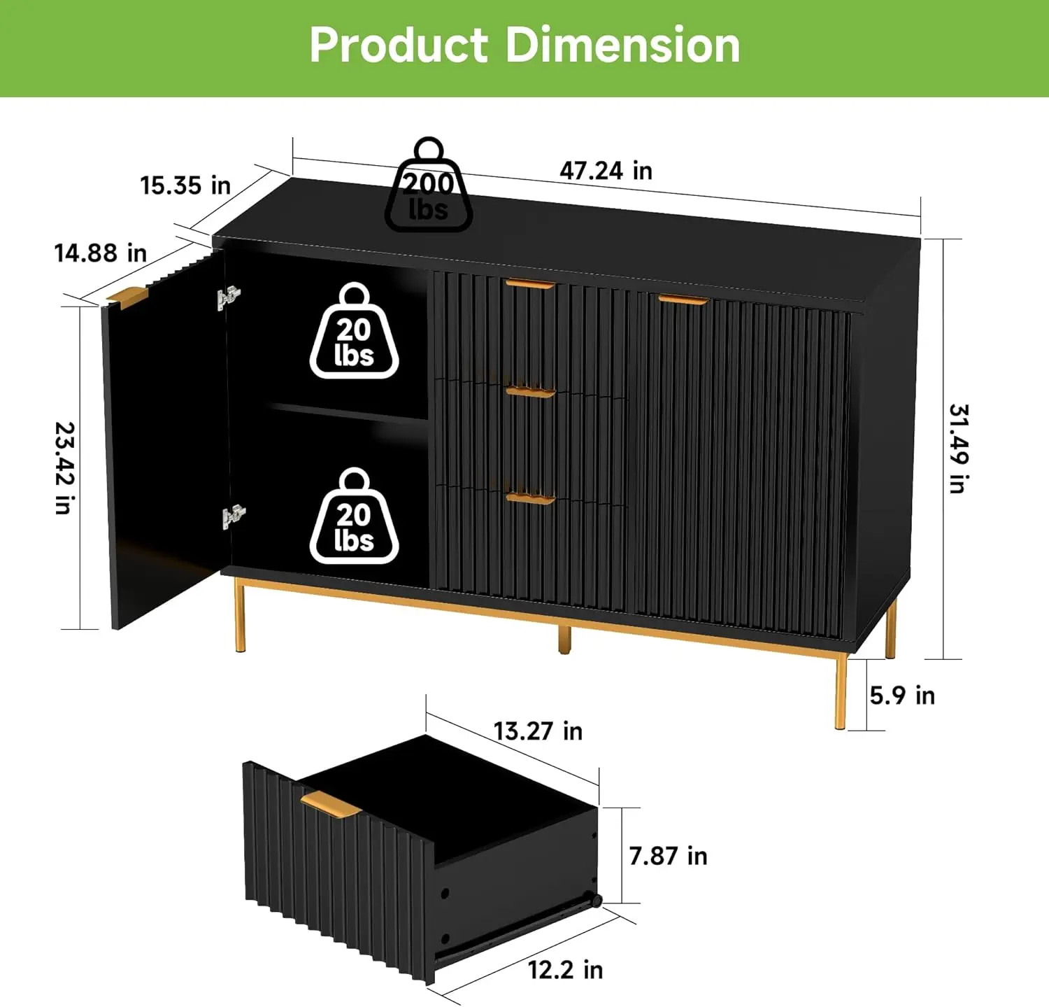 Fluted Sideboard Cabinet, Modern Black Buffet with 2 Drawers for Kitchen, Living or Dining Room