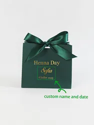 Customizable 'Henna Day' Mini Gift Boxes with Gold/Green Satin Ribbon, Personalized Name and Date, Perfect for Wedding Favors