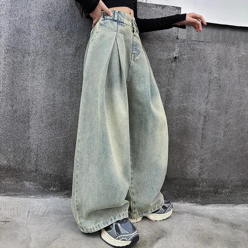 

4-14 kid Girls jeans Spring Autumn 2024 junior children westernized street wide leg pants Korean versatile long trousers clothes