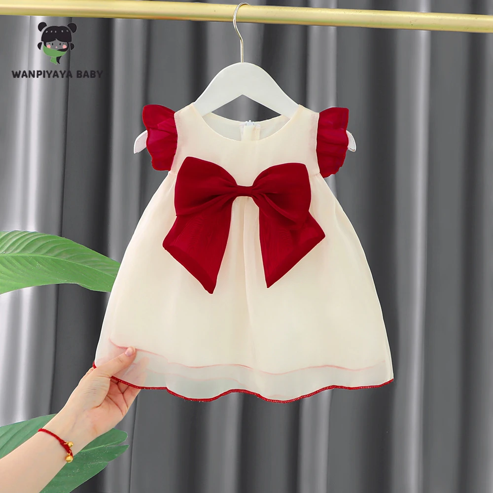 Girls Dresses Summer Bow Mesh Solid Color Simple Fluffy Baby Girl Dresses Cute Gorgeous Baby Girl Clothing