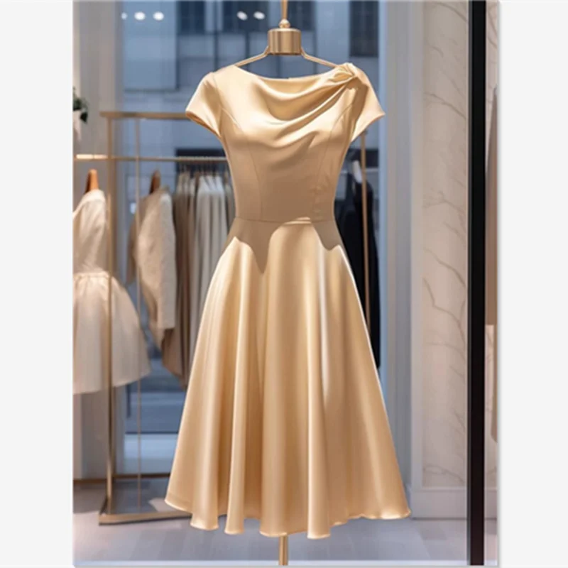 French Luxury Satin Prom Dress Women's Solid Short Sleeve High Waist Slim A-Line Summer New Elegant Midi Party Vestidos 039P