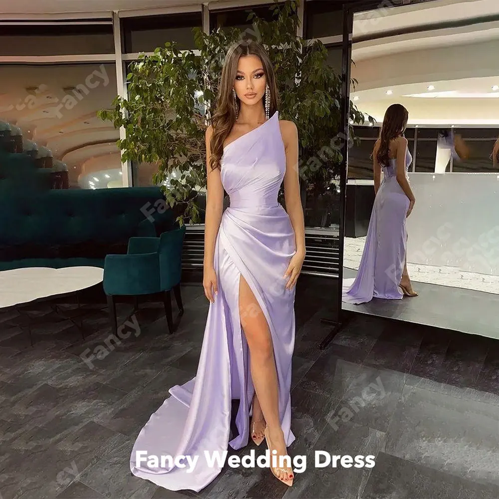 

Fancy Sexy One Shoulder Evening Dress Saudi Arabia High Split Silk Prom Gown Sleeveless Long Tail Formal Occasion Dresses