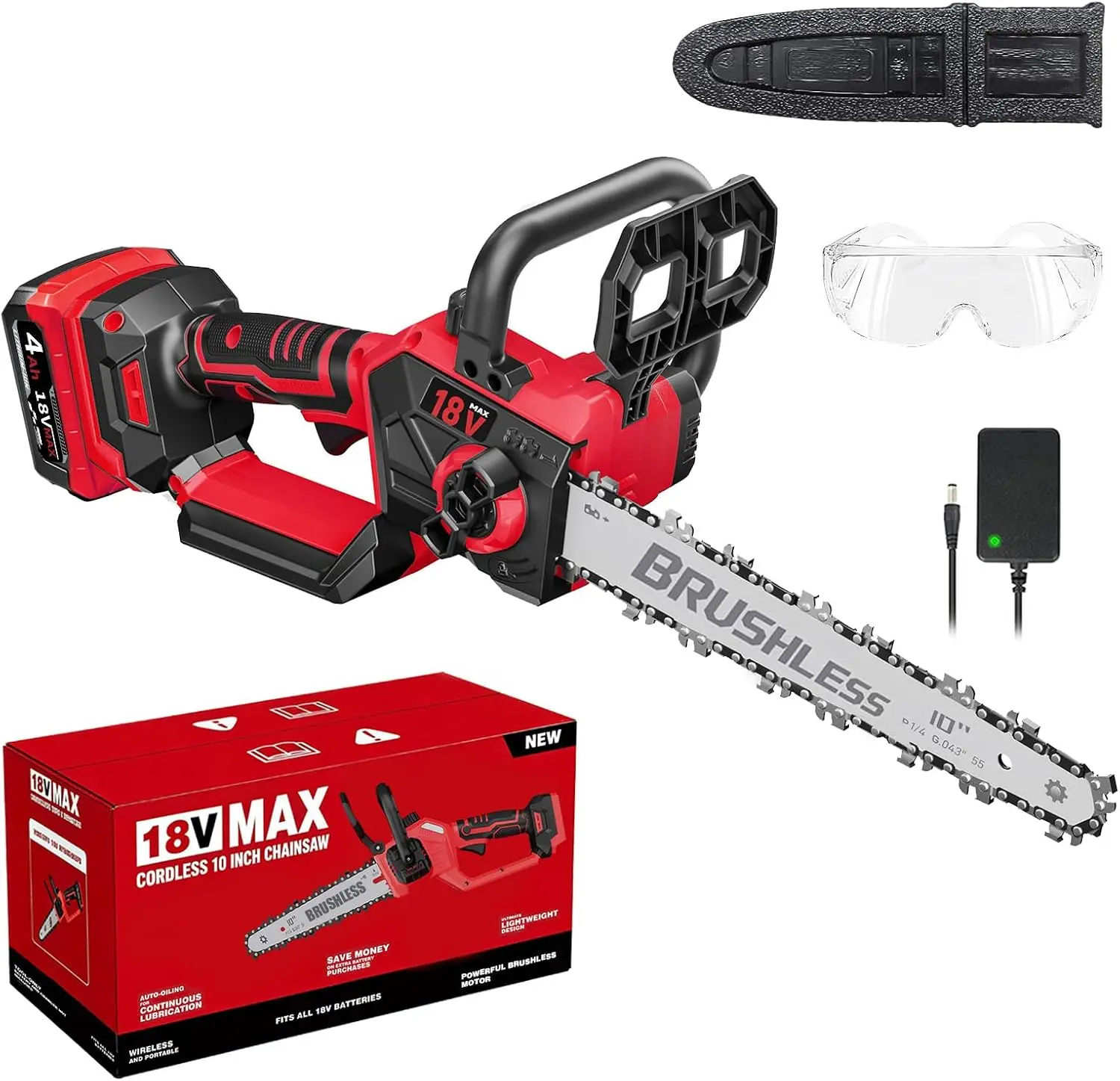 Cordless Chainsaw 10-Inch, 18V Battery Compatible, 4.0Ah Battery Included