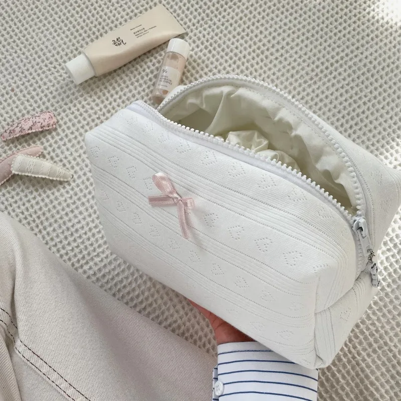 Bolsa de maquillaje de gran capacidad, organizador de cosméticos con lazo, joyería para el cuidado de la piel, bolsa de aseo de viaje, bolsa de almacenamiento portátil, 1 Uds.