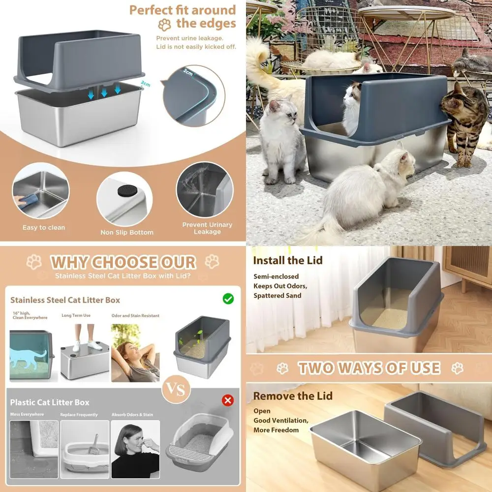 

Extra Large Grey Metal Cat Litter Box with High Sides and Lid for Big Cats, Easy to Clean