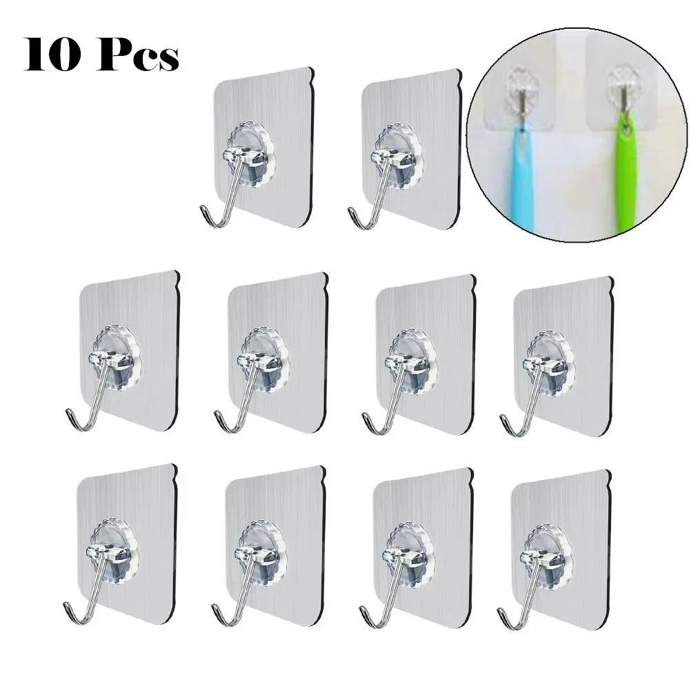 10Pcs Heavy Duty Transparent Adhesive Hooks Waterproof Oilproof Wall Hooks for Bathroom Kitchen Bedroom Garage Ceiling Use
