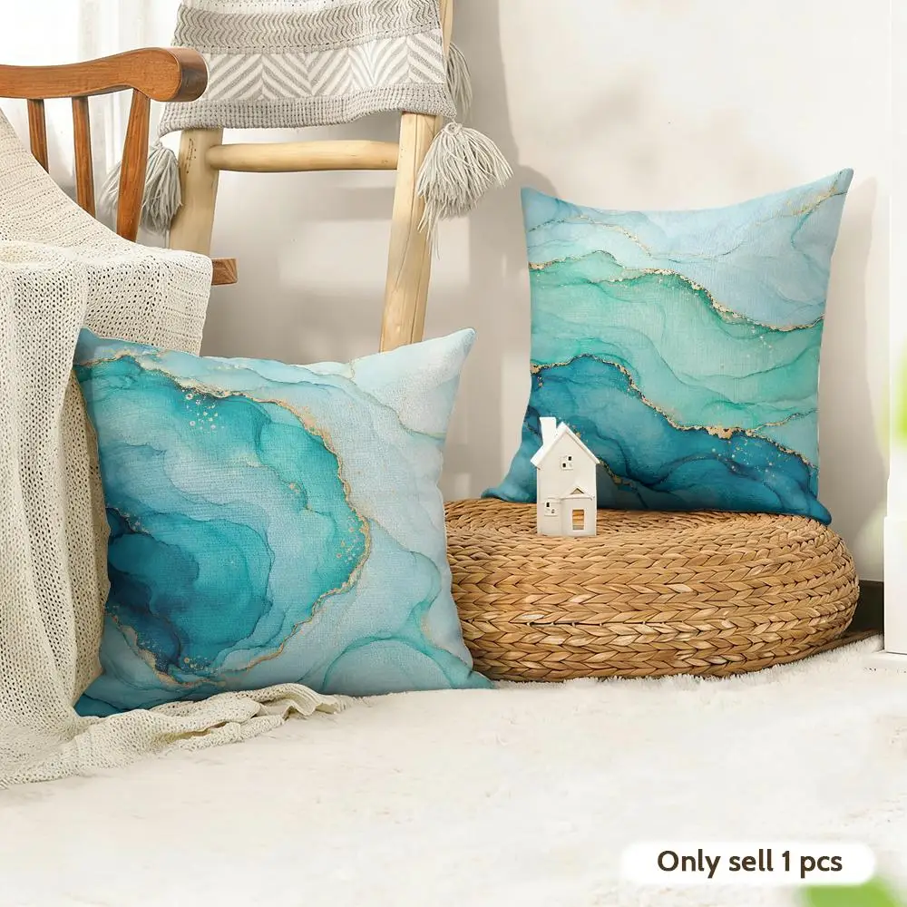 Aqua Gold Alcohol Ink Variants Cushion Cover Natural Linen Double Sided Print  Throw Pillow Case for Sofa Couch Home Decor