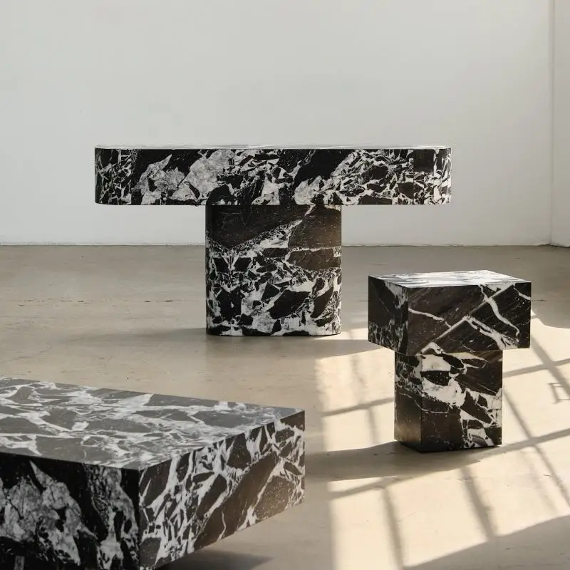 xx-Contemporary Modern Durable Eco-Friendly Lounge Area Rectangular Marble Coffee Table Black White Veins Sharp Edge Precision^