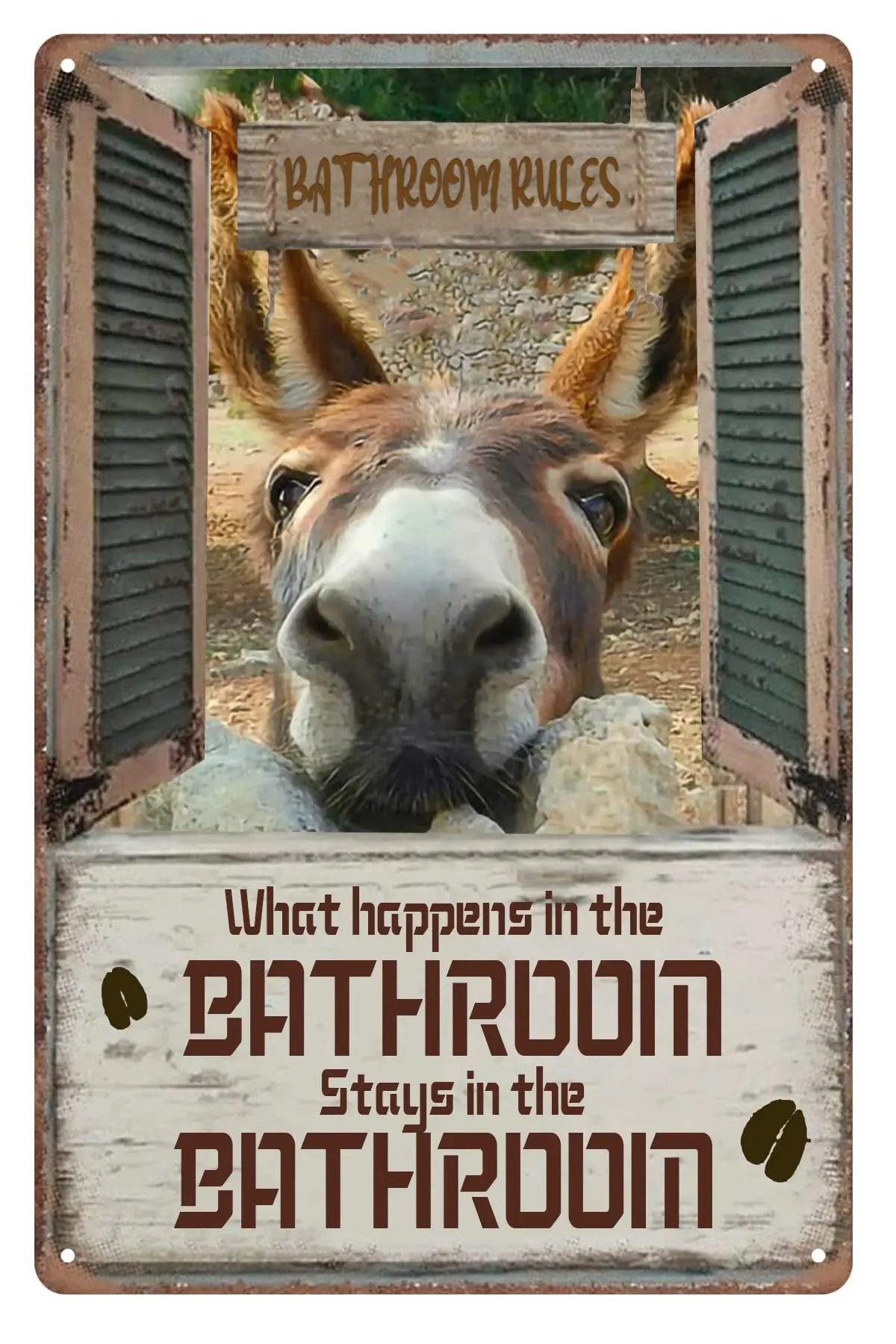 Rustic Retro Metal Tin Sign Donkey What Happen in Bathroom Stay in Wall-Art for Bathroom Living-Room and Office Decor Modern Wal