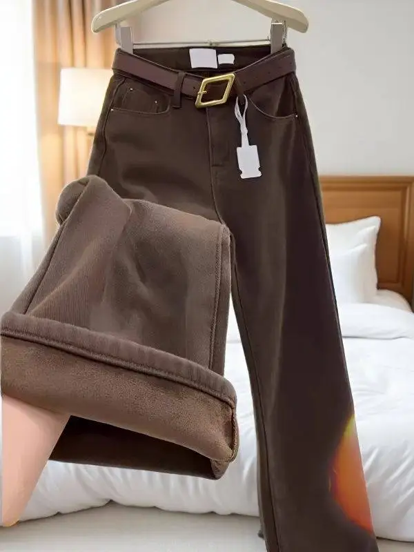  Color Slim Wide Leg Fleece Lined Denim Jeans Women's Loose Fit Flared Pants High Waist Zipper Closure Casual Jeans