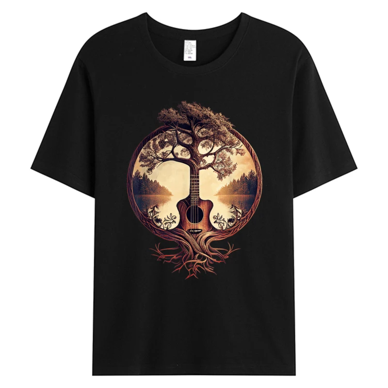 

DJ 2025 Cool Tshirt Team Gift Acoustic Guitar Tree By The Lake Guitarist Tops Tees Men's 100% Cotton Graphic T-Shirt Brand New