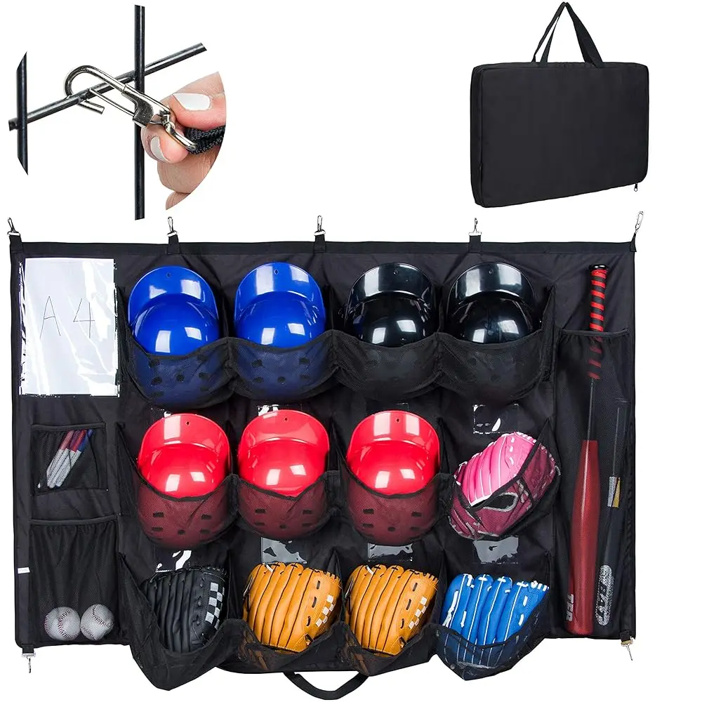 Hanging Helmet Bag - Organize Baseball Equipment - Helmets, Gloves, Bats, Balls - 12 Player Dugout Storage