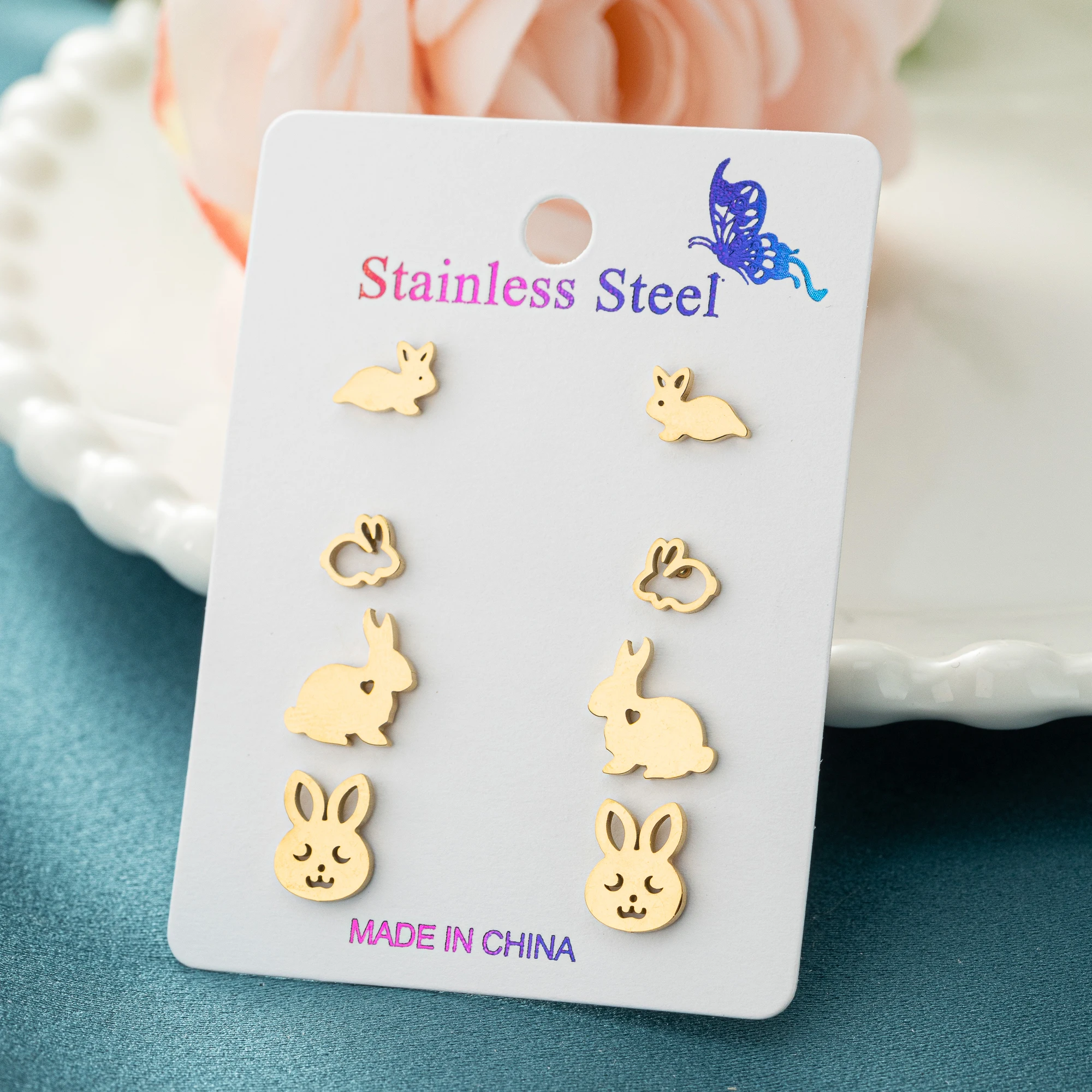 4Pairs/Lot Golden Stainless Steel Bunny Rabbit Earrings Set For Women Kids Cute Animal Stud Earrings Piercing Jewelry Gifts