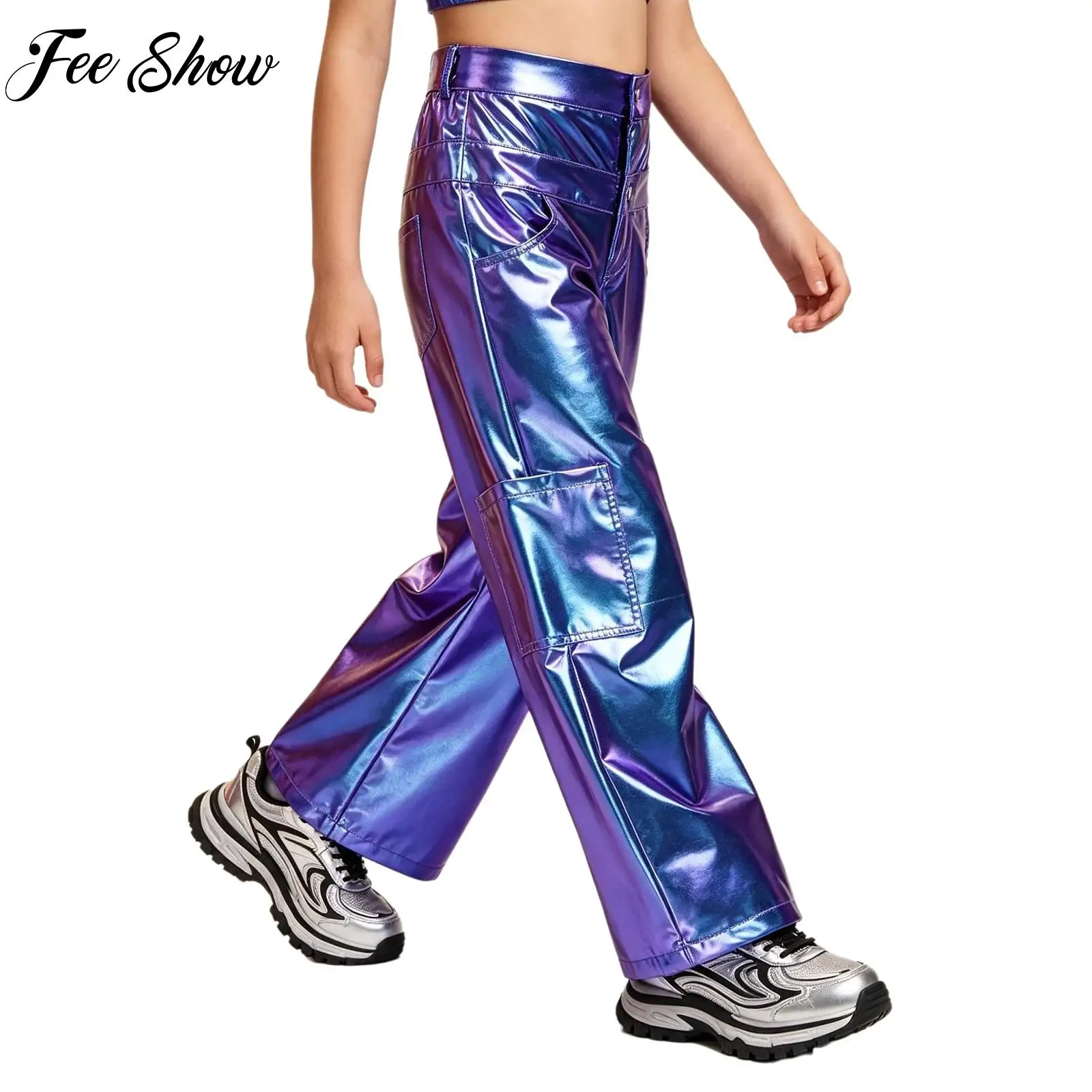 Boys Girls Metallic Cargo Pants Hip Hop Street Modern Dance High Waist Press Button Wide-leg Trousers with Multi-pocket