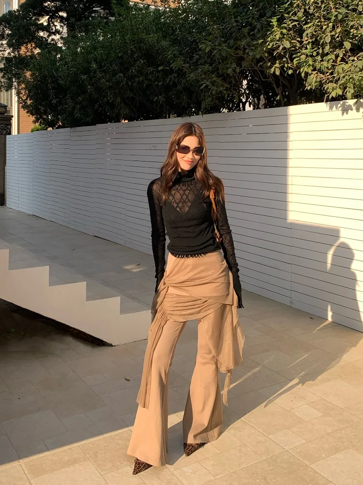 【MAR】Women's Early Spring Sheer Mesh Layer Slim Flared Pants Casual Commute Trousers
