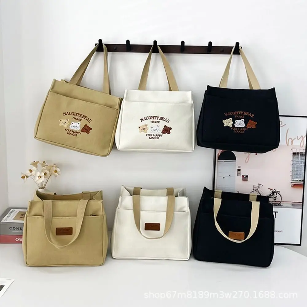 

Fashion Bear Printing Lunch Bag Canvas Large Capacity Cute Handbag Multifunctional Reusable Tote Bag Picnic