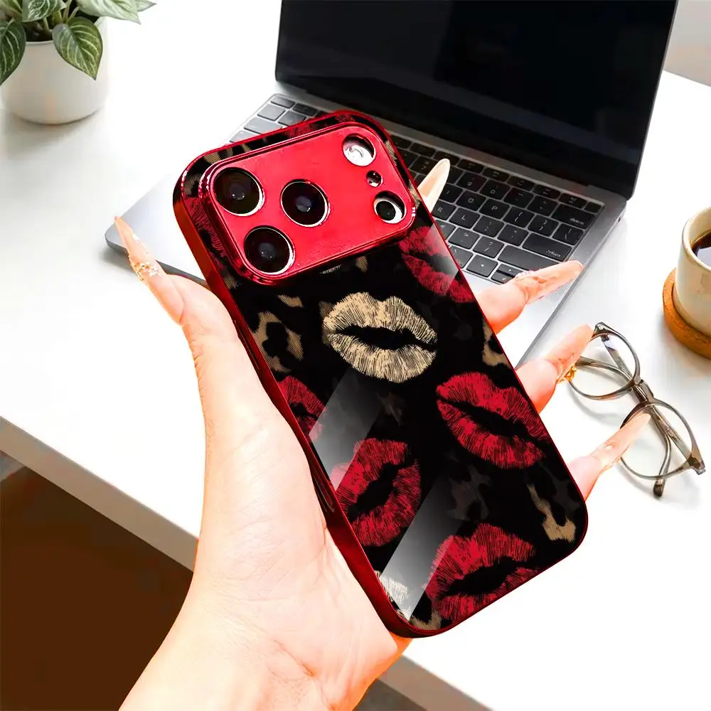 

Red Lips Leopard Print For iphone 17 pro max cover fashion phone cases Glass Phone Case for iPhone 17、16、15、14、13、12、pm Pro Plus