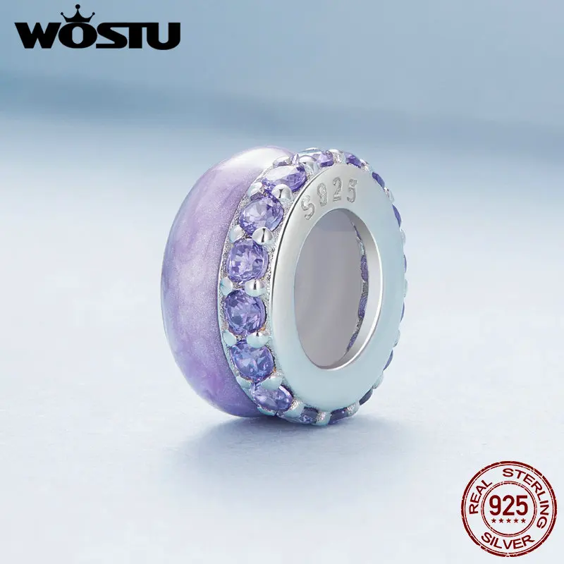 WOSTU 925 Sterling Silver blu rosa viola silica Spacer Bead Candy Charms con zircone lucido Fit bracciale originale collana fai da te