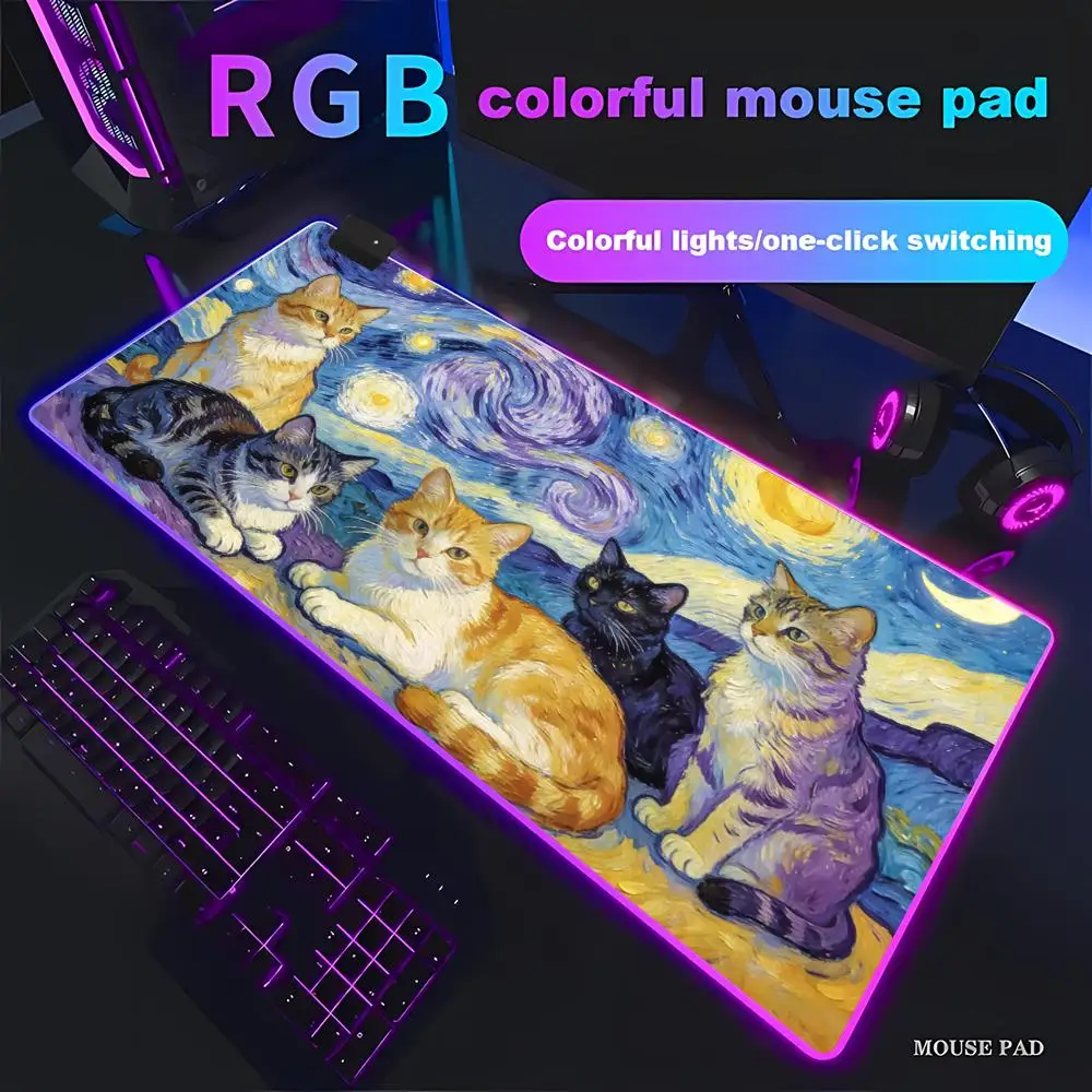 

HYBXAXC Starry Night mouse pad with cute black cat Mouse Pad Animation Games RGB HD Gamer LED PC Computer pad Non-slip Decor