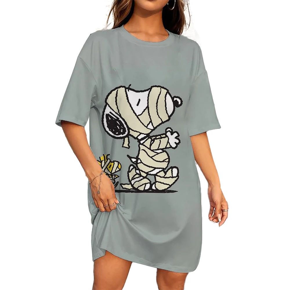 ชุดเดรสเสื้อยืด Dress Model Baru พิมพ์ลายสนูปี้วินเทจทรงหลวมทรงหลวมเสื้อผ้าผู้หญิงแขนสั้นผู้หญิงลำลอง