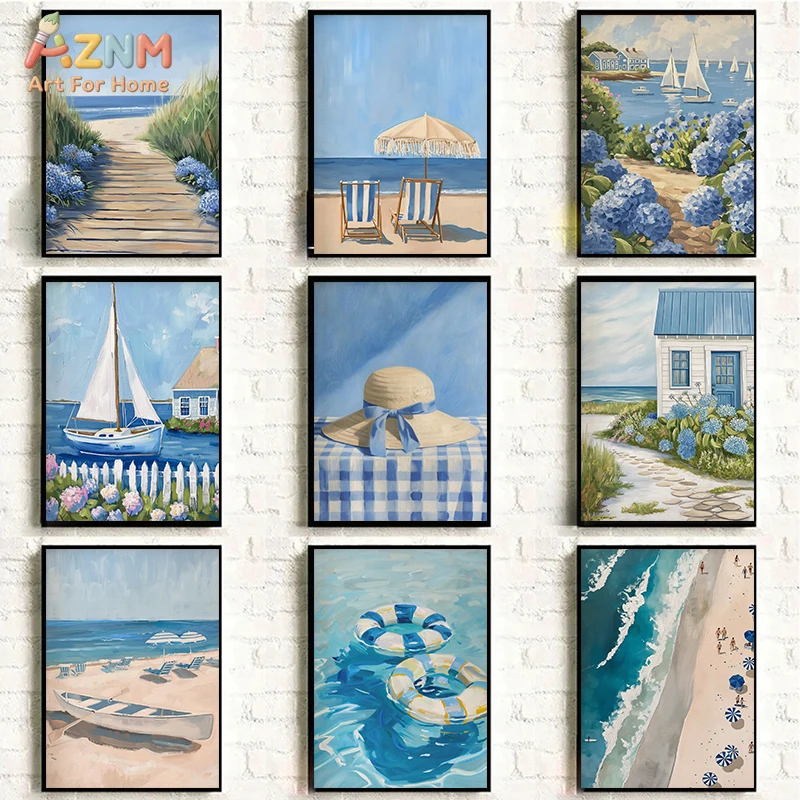AZNM Coastal Beach Canvas Wall Art - Minimalist Blue Tone Print of Beach Path, Sailboat, Hydrangea, Beach Chair and Coastal Cott