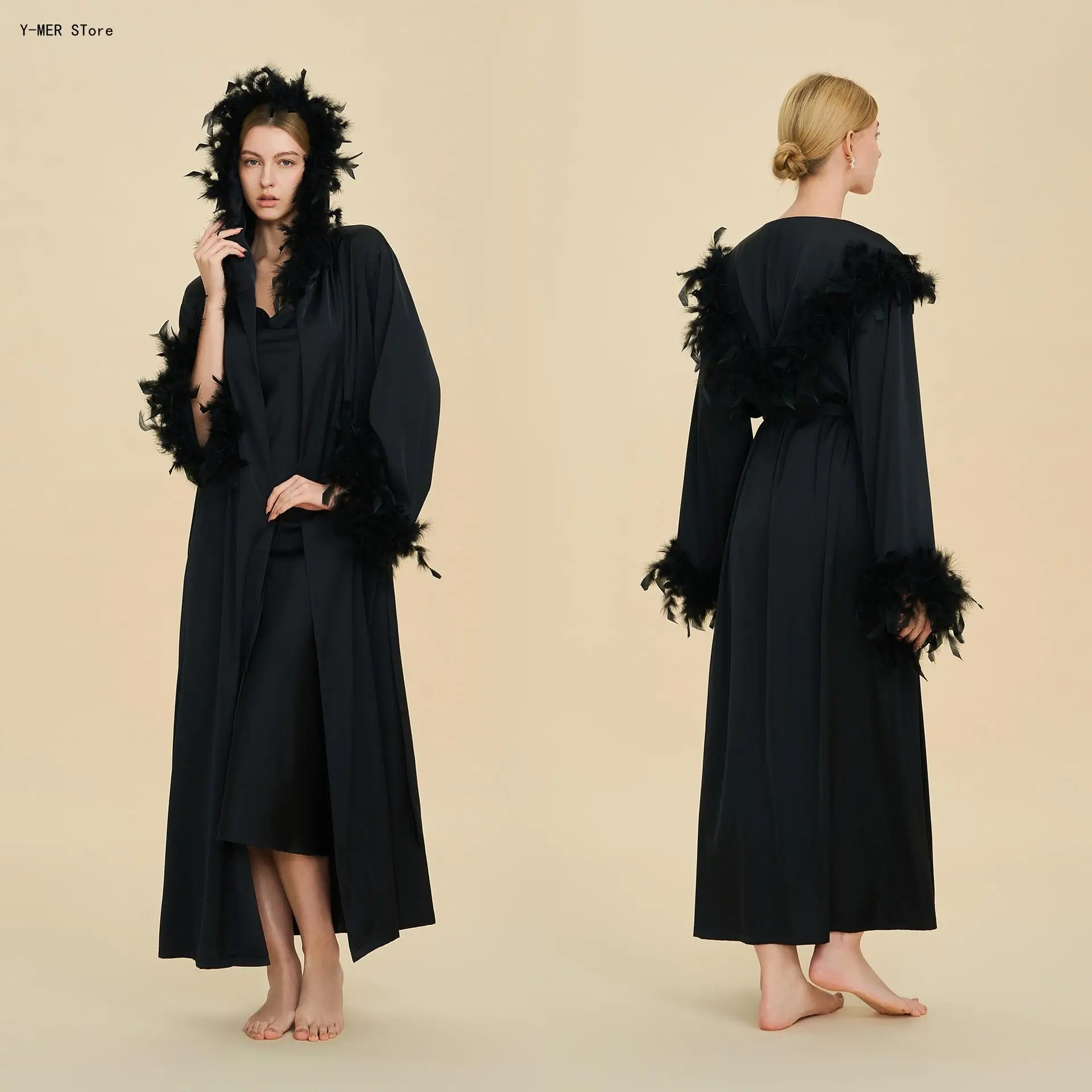 

Luxury Hooded Detachable Feather Long Robe for Women Russia Style Loose Summer Homewear Outerwear Bridal Dressing Gown Sleepwear