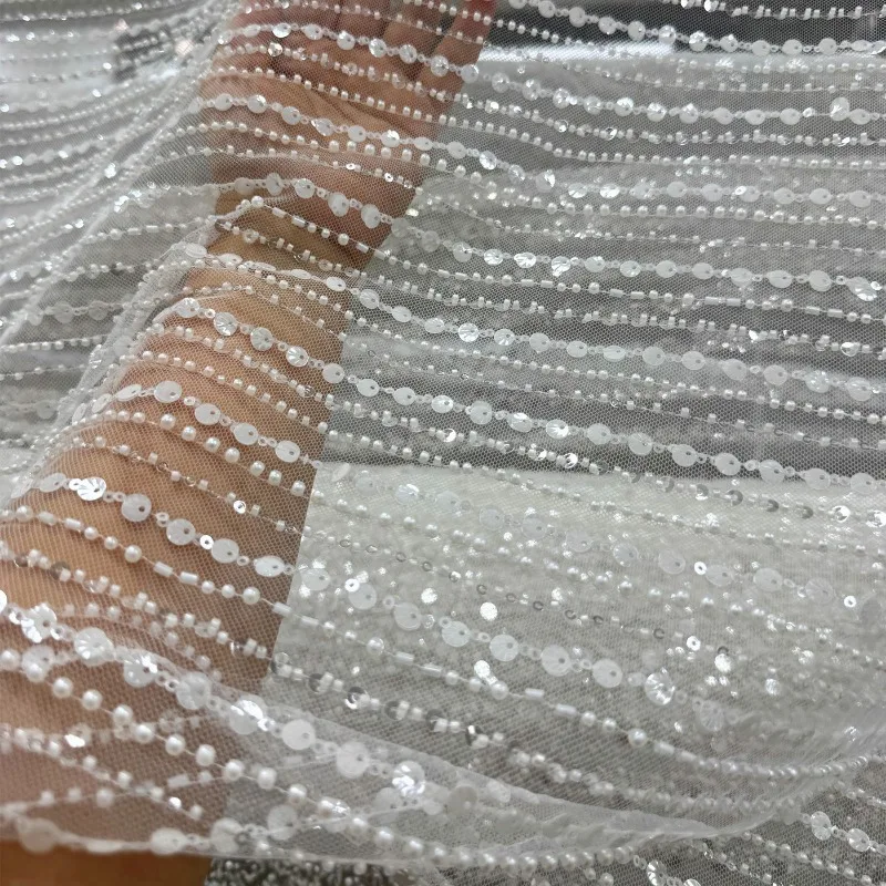 

Simple Striped Vertical Sequin Pearl Lace Fabric for Wedding Dress Performance Costume Design Cloth Diy Meter Sewing Material