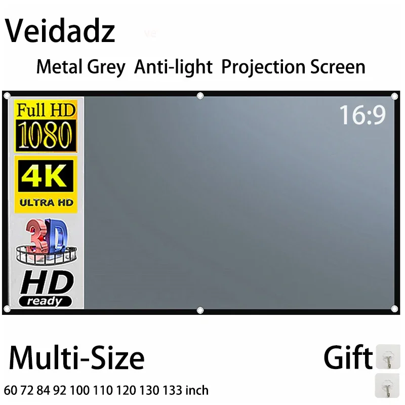 VEIDADZ Projector Screen Metal Grey Anti-Light 60-133 inch 30° Viewing Angle 16:9 Portable Reflective Screen Home Theatre Indoor