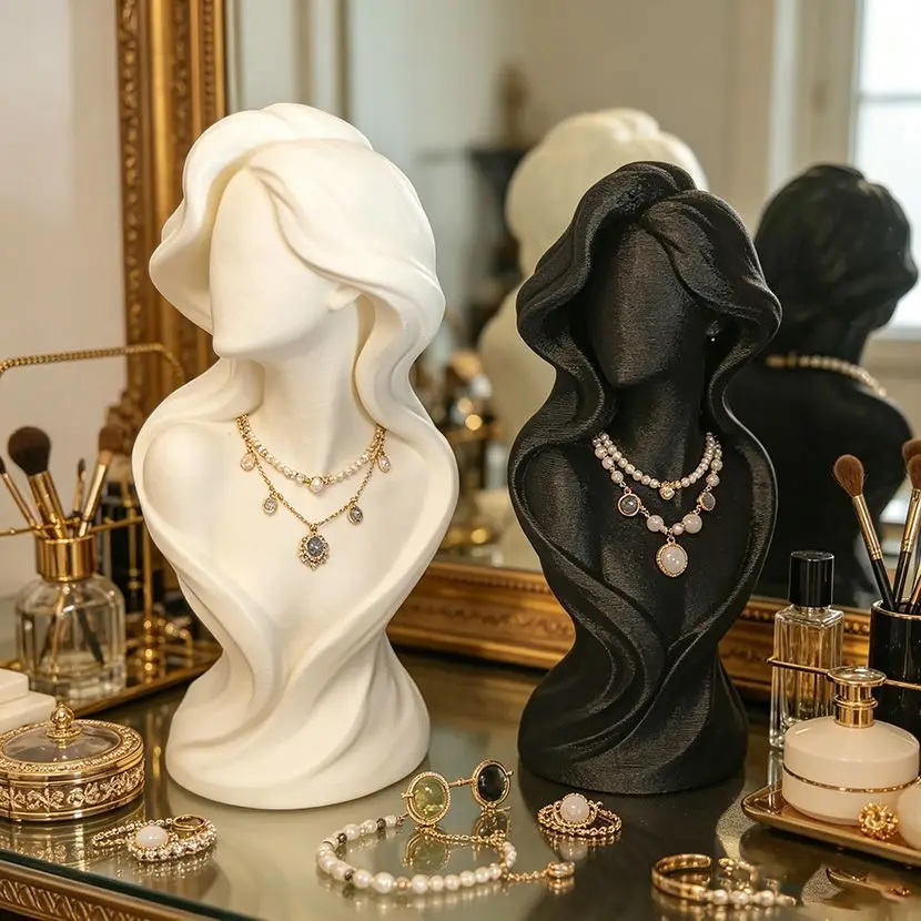 Elegant Wavy Hair Female Bust Statue Jewelry Holder Ornament Minimalist Necklace Earring Display Mannequin ForDresser Home Decor
