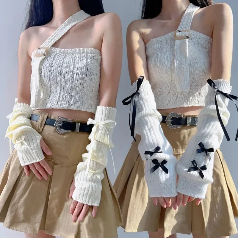 Female Y2K Fashion Arm Warmers Bowknot Soft Knitted Gloves Women Girl Half Finger Mittens Solid Color Thicken Arm Sleeves view 4