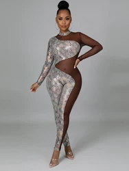 Sexy Sequin Women's Jumpsuit With Mesh Panels High Elasticity Tight Fitting Long Sleeves Fashionable Print Perspective SummerNew