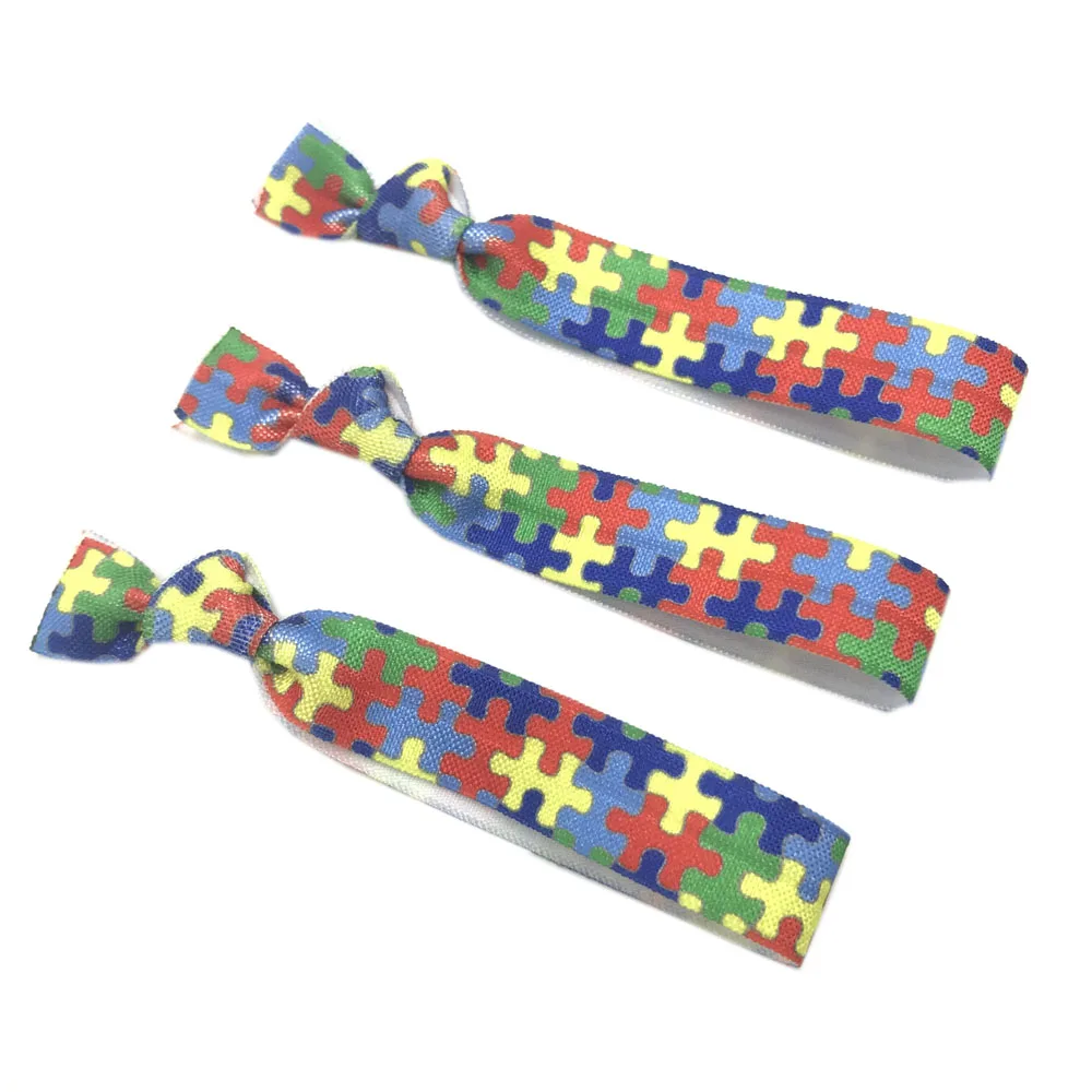 30pcs/Lot 15mm Autism Puzzle Pieces And Breast Cancer Print Fold Over Elastic Band Hair Tie FOE Ribbon Bracelet Ponytail Holder