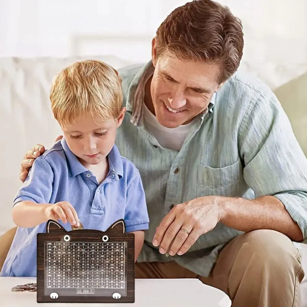 صندوق توفير المال الجديد على شكل قطة كرتونية، حصالة خشبية قابلة لإعادة الاستخدام مع بنك تخزين أموال عداد الأهداف للبالغين والأطفال #3