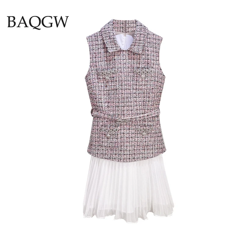 

2025 Autumn Winter New Lapel Tweed Sleeveless Women Mini Vest Dress Patchwork Pleated Chiffon Dress Belt Rhinestone Fashion