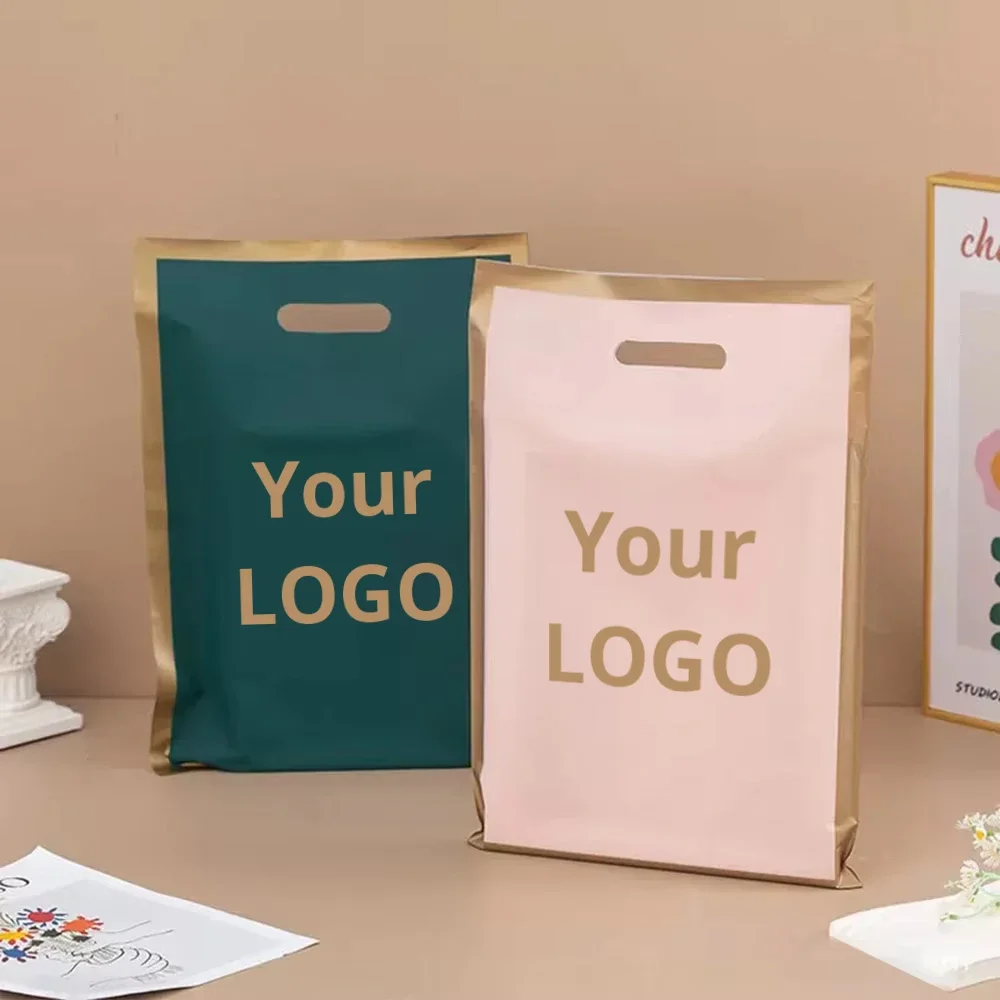 

100 шт. подарочных пакетов с золотой окантовкой, одноцветной печатью логотипа, персонализированные упаковочные пакеты для малого бизнеса, пакеты с индивидуальным логотипом