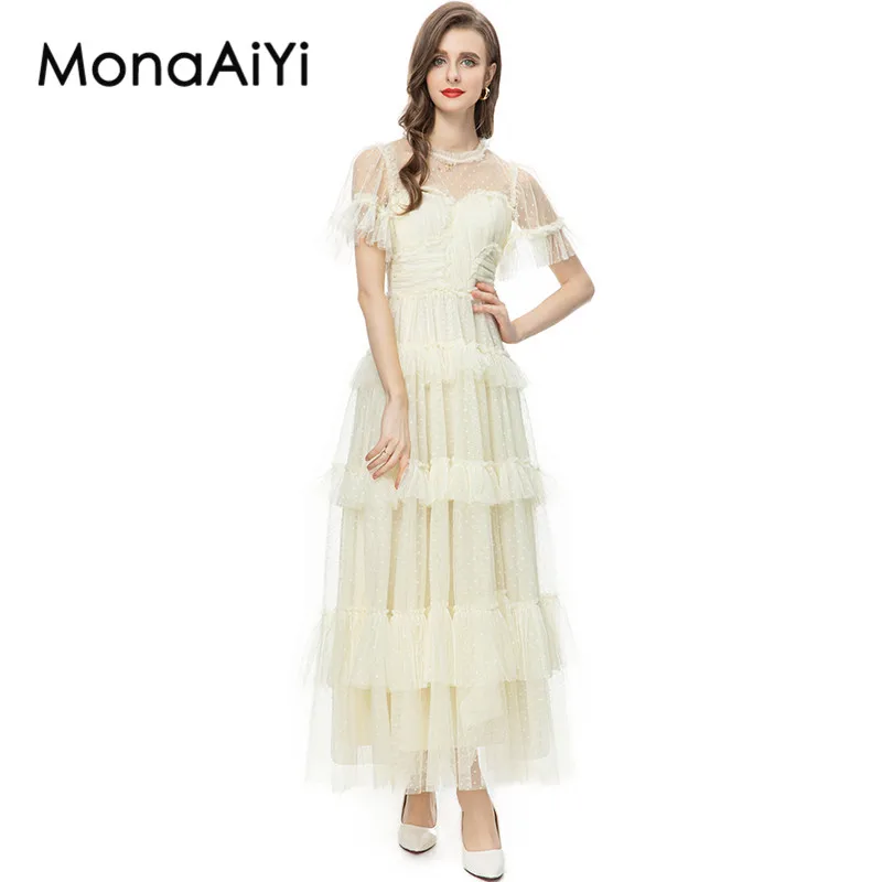 

MonaAiYi Fashion Designer Dress Women's Dot Print Translucent Mesh Fabric Pleated Tiered Ruffles White Vacation Casual Dresses