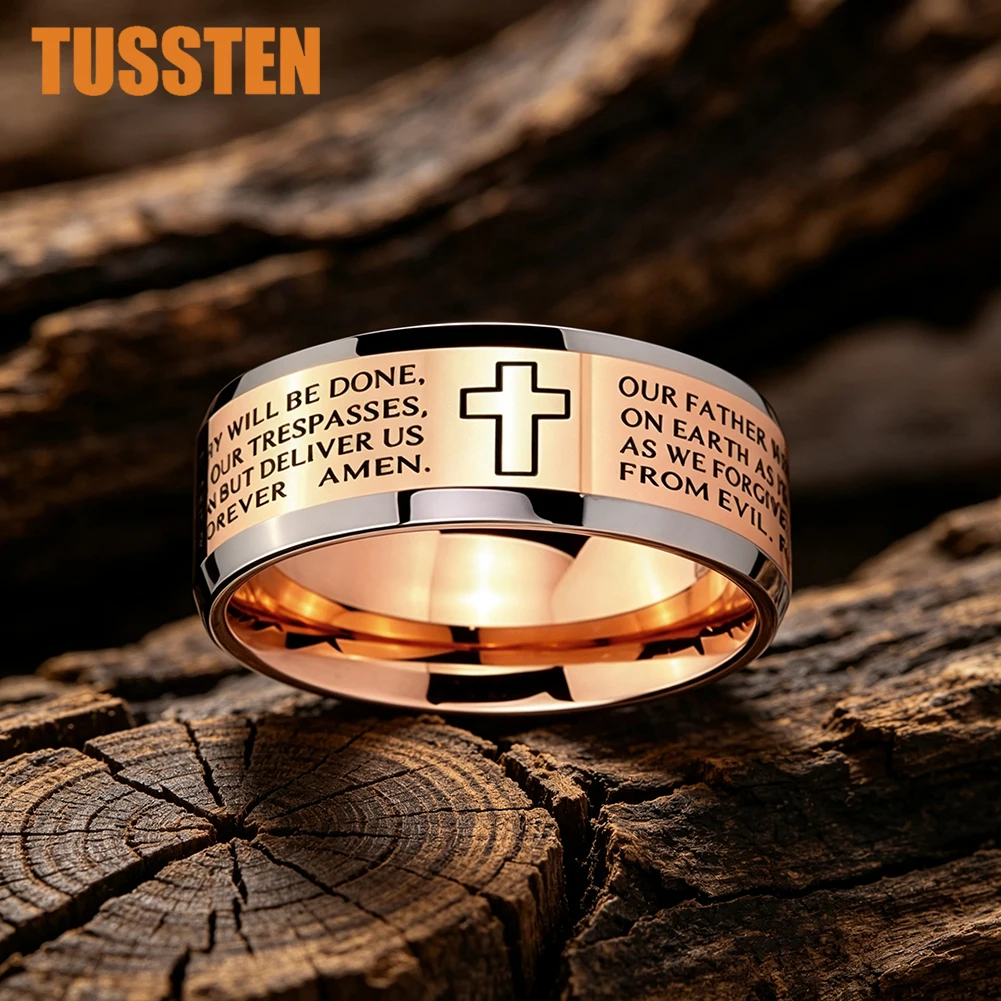 TUSSTEN 6/8MM Rose Gold Tungsten Wedding Band Ring for Men Women Lord's Prayer Cross Ring Beveled Polishing Bible Engraved Rings