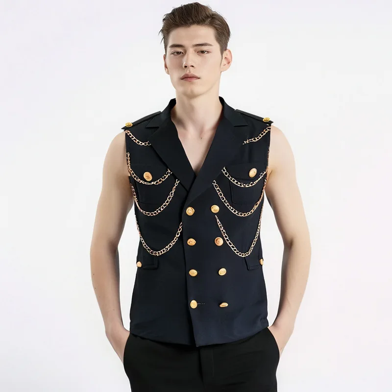 

Men's Singer Stage Metal Chain Waistcoat Red Black Double-breasted Slim Fit Punk Style Rock Dancer Nightclub Performance Vest