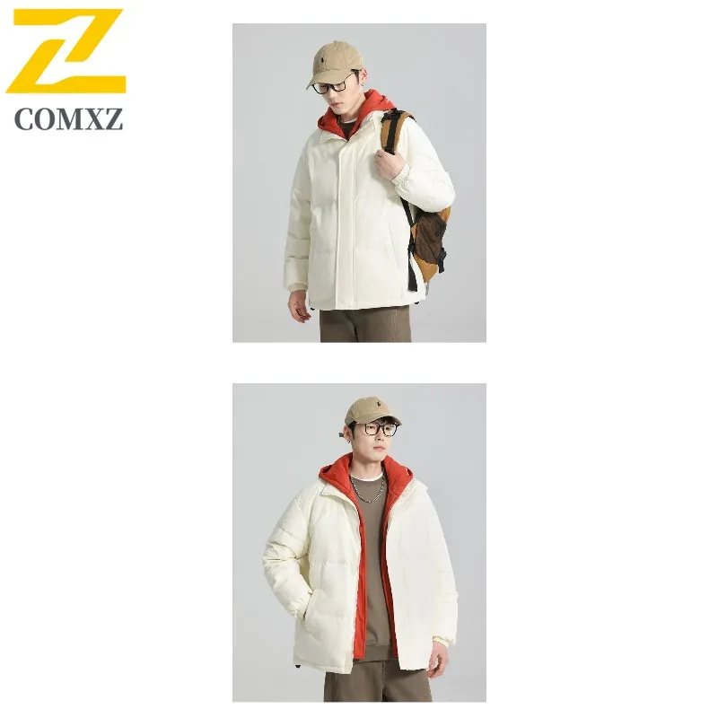 COMXZ Men Puffer Jacket Fake Two Piece Hooded Ski Street Lightweight Warm Travel Cotton-Padded Jacket Casual Snow Winter Jacket