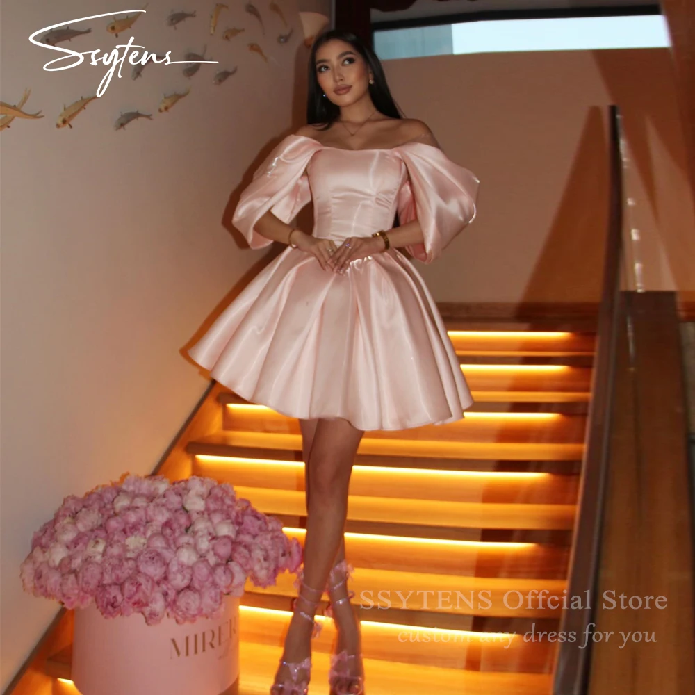 

SSYTENS Off Shoulder Sexy Blush Pink Mini Short Prom Party Dresses Sleeves Shiny Cocktail Dress Evening Event Gowns Arabic Women