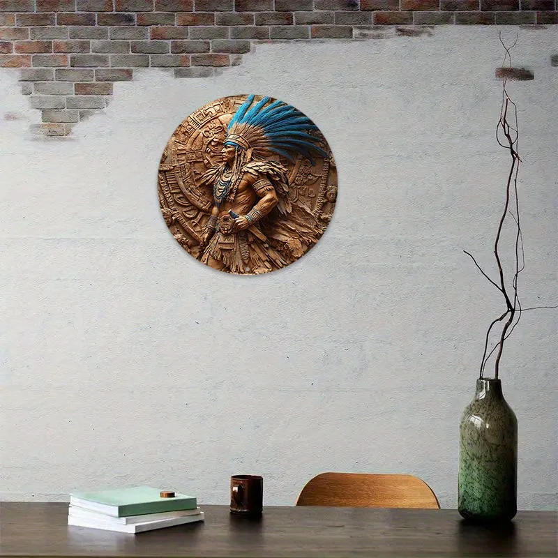 1 قطعة Aztec Warrior 8 بوصة جولة الألومنيوم جدار الفن ، علامة معدنية مقاومة للماء ، قابلة لإعادة الاستخدام الرجعية ازتيك التقويم ديكور للمنزل ، بار ، مقهى