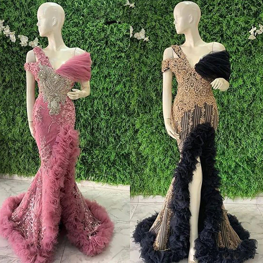 Aso Ebi 2024 Mermaid Evening Dress Plus Size Pink Black V Neck Off the Shoulder Prom Dresses Split African Formal Party Gowns