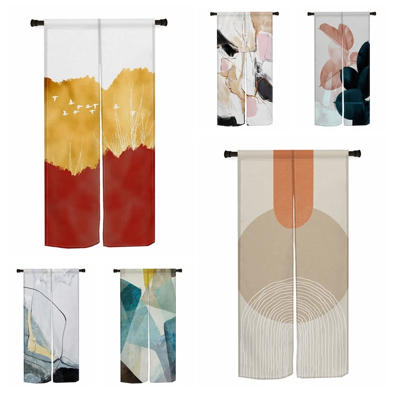 Modern Abstract Noren Door Curtains Deer Geometric Art Patterns Split Linen Doorway Curtains Restaurant Kitchen Half-curtains