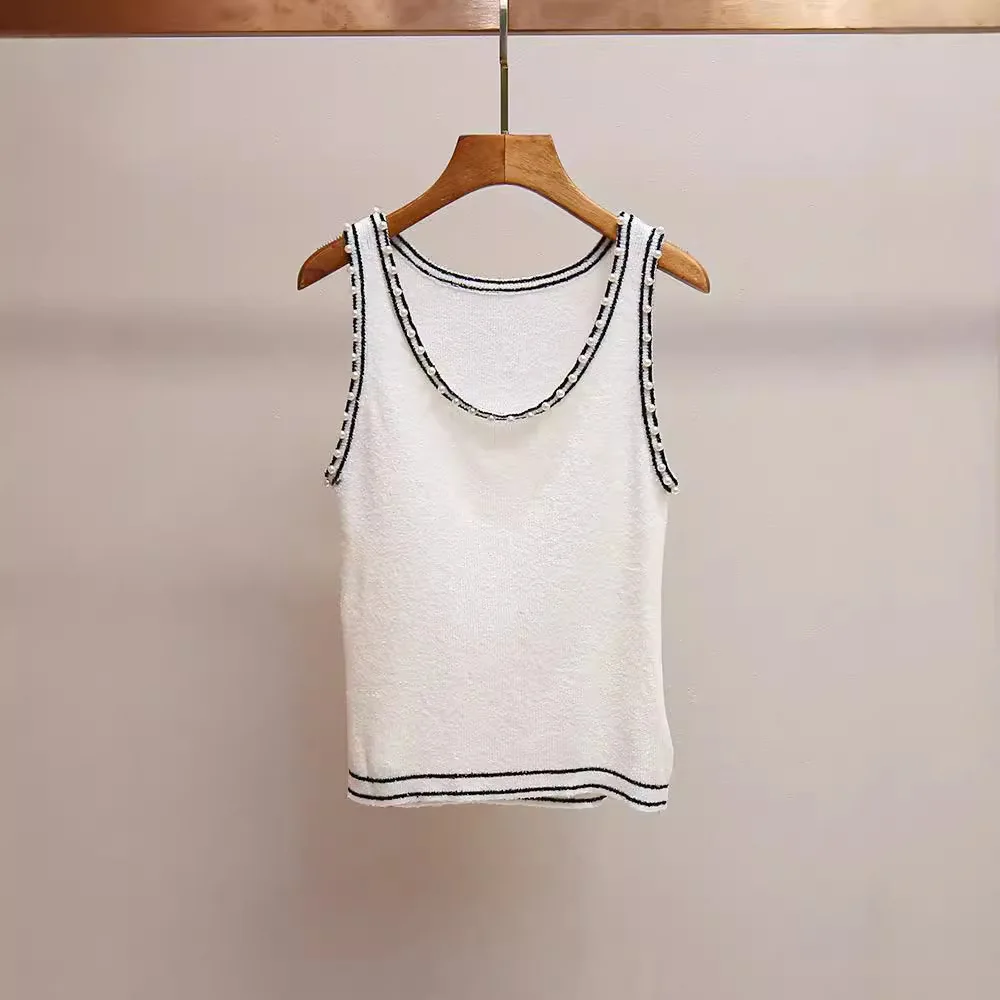 

High-End Women's Simple Sle Heavy Embellied ort Fit Knitted Tank Top Vest Upper Apparel Baga Brand Tee-acetate Fiber