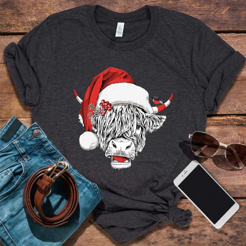 

Christmas Cow Tee Heifer Farm Shirt Holiday Christmas Tshirt Cow Tops Christmas Gift Cowgirl Women Clothes Gothic